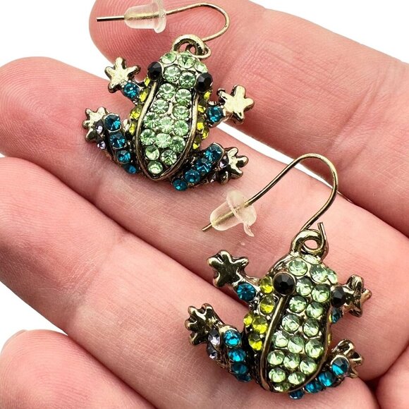 Off Park Collection Womens Earrings Bronze Tone Blue Green Frogs Pierced - Picture 1 of 3